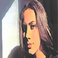 Portrait of a person with long brown hair, gazing calmly, with a window casting light on their face.