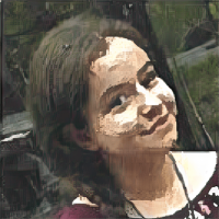 A digitally stylized portrait of a person with long hair, wearing a maroon top and a necklace, smiling slightly while looking at the camera.