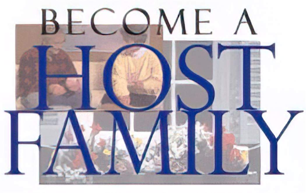 a blue and white photo with the words become a host-family